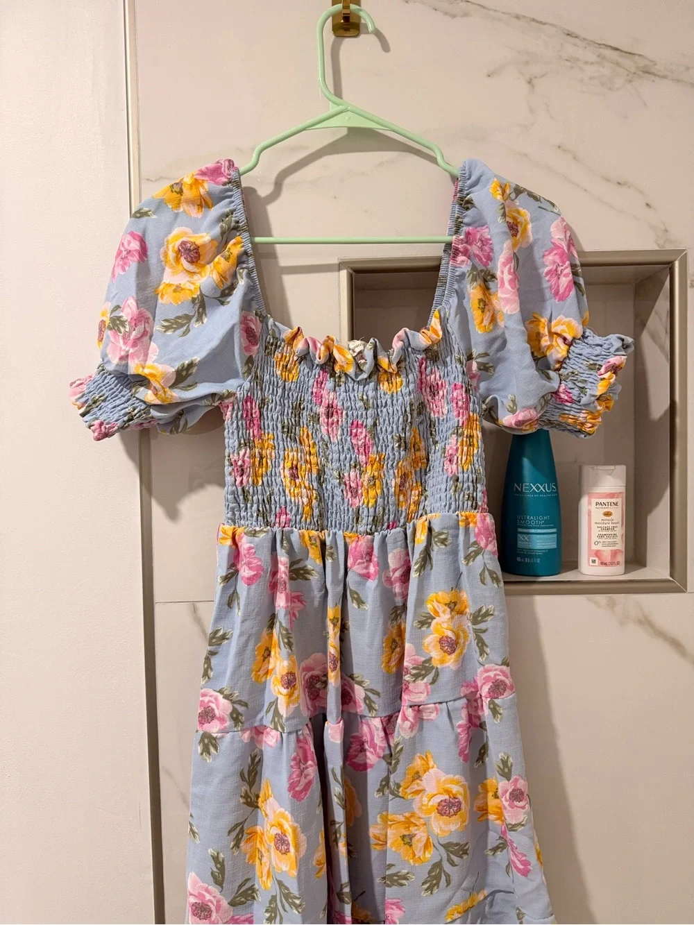 Girls Blue Floral Puff-Sleeve Dress